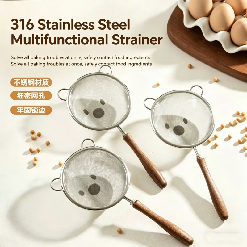 Baby Food Strainer - Fijne filterzeef, nieuw 304 houten handvat,